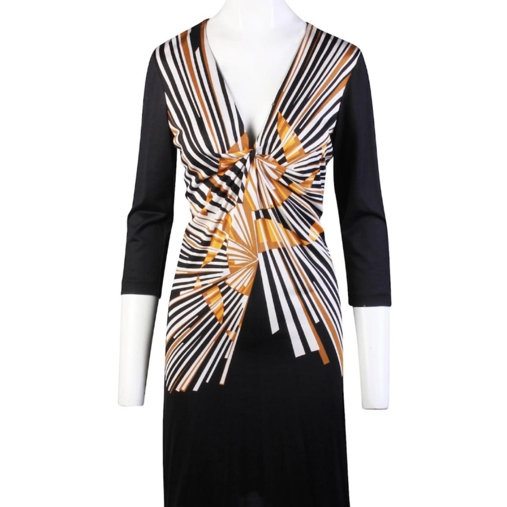 Diane von Furstenberg - Black & Tan Sunburst Patterned Silk Dress Sz 12 - Picture 3 of 8